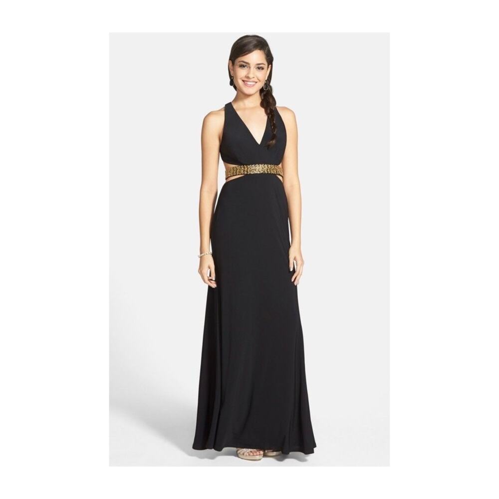 HAILEY LOGAN BY ADIANNA PAPELL Black & Gold Beaded Backless Dress Size 11/12